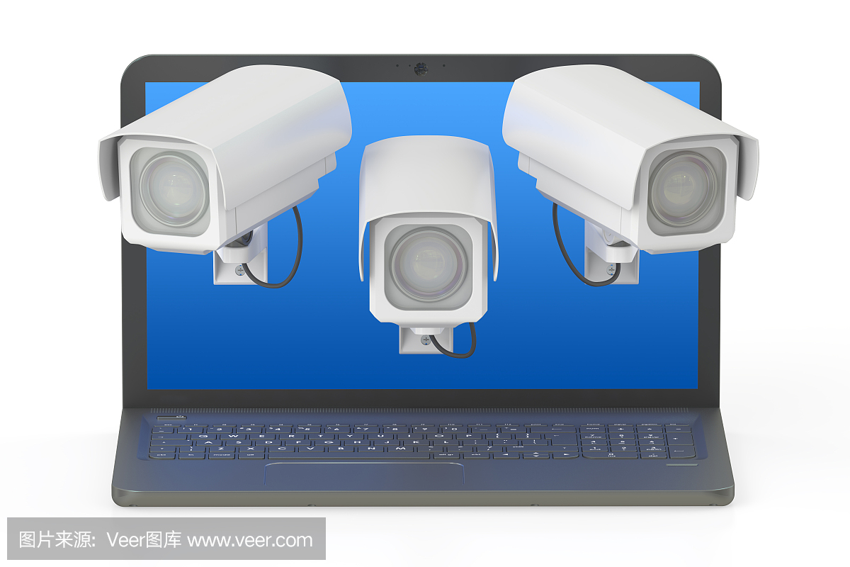 網(wǎng)絡(luò)安全的概念。筆記本電腦和CCTV, 3D渲染